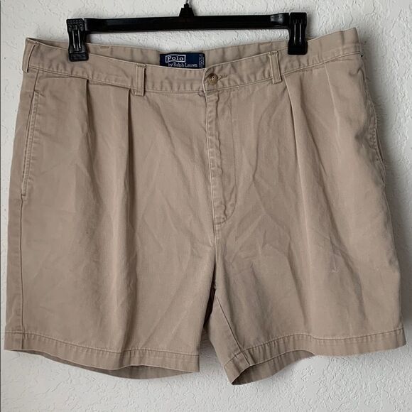 Polo by Ralph Lauren Chino Cotton Tan Flat Front Andrew Shorts Pockets Size 42 - Picture 1 of 11